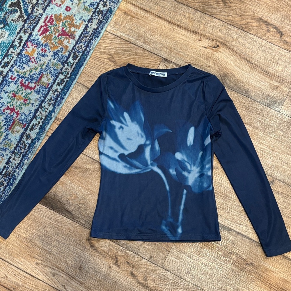 Princess Polly Navy Blue Long Sleeve Floral Top sz 8